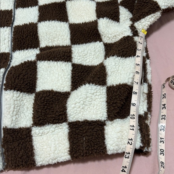 Brunette The Label checkerboard Sherpa full zip jacket brown cream medium large - Picture 12 of 15